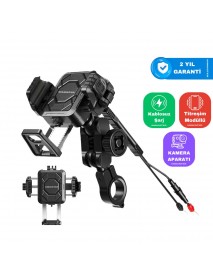 KN Master TT890LWC Kablosuz Şarjlı Tüm Motosikletlere Uyumlu Titreşim Modüllü Telefon Tutucu (Kamera Bağlantılı)